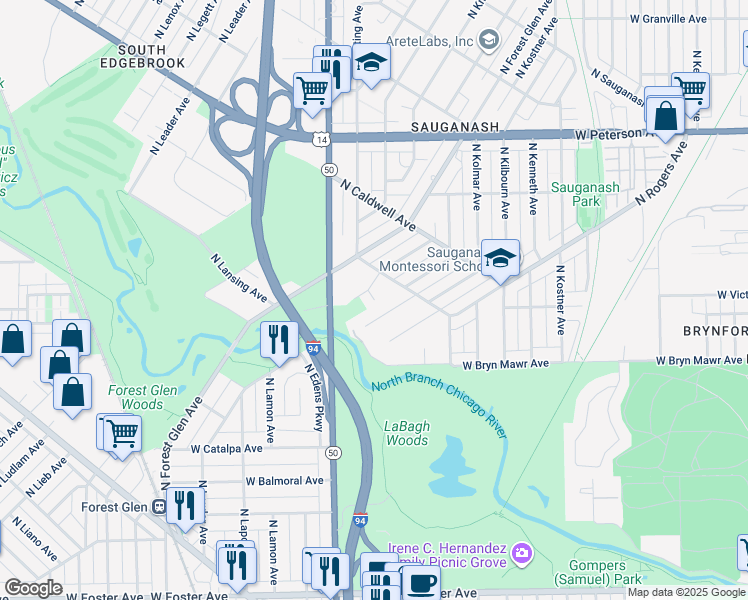 map of restaurants, bars, coffee shops, grocery stores, and more near 3500 North Lacey Avenue in Chicago