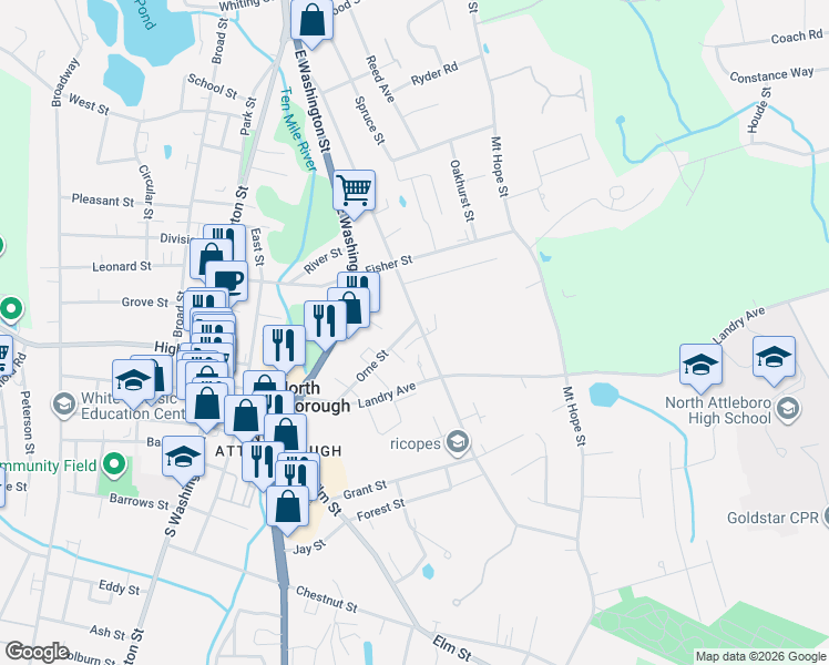 map of restaurants, bars, coffee shops, grocery stores, and more near 184 Orne Street in North Attleborough