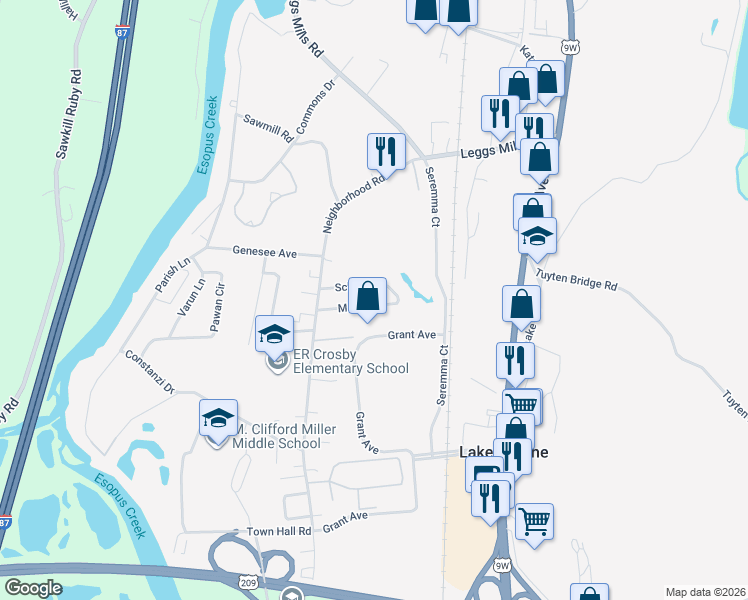 map of restaurants, bars, coffee shops, grocery stores, and more near 30 Schuler Lane in Lake Katrine