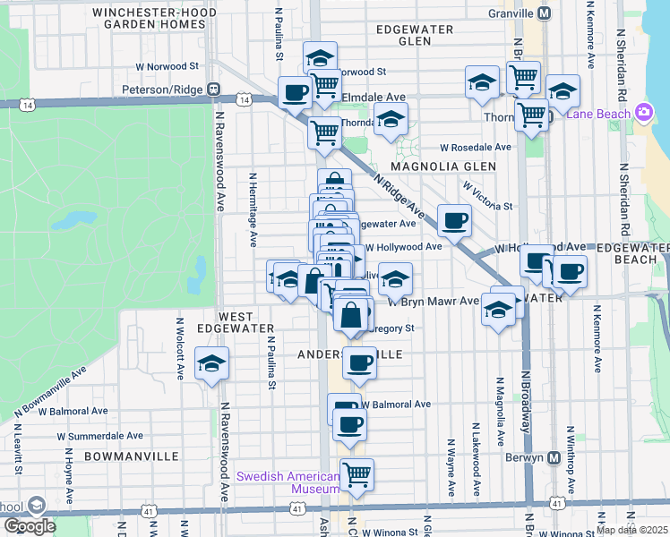 map of restaurants, bars, coffee shops, grocery stores, and more near 5659 North Clark Street in Chicago
