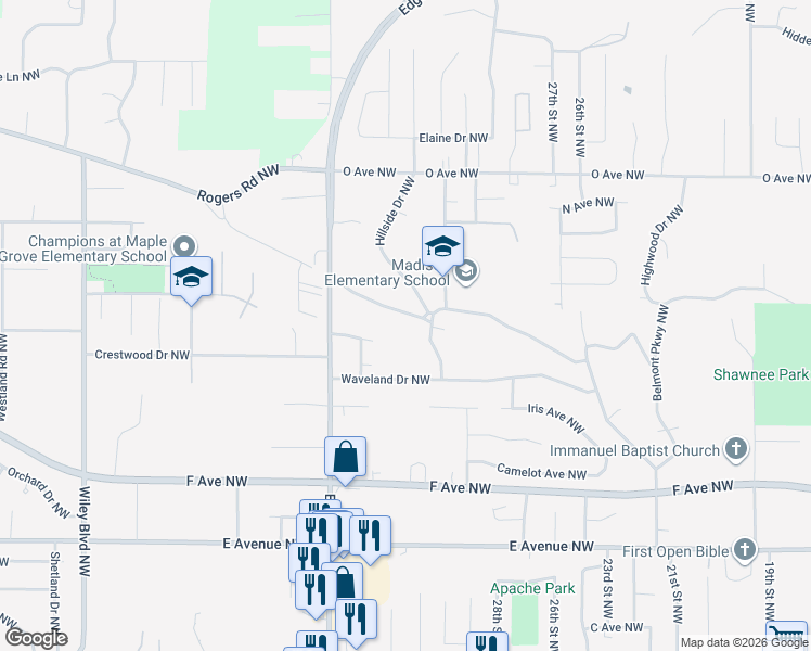 map of restaurants, bars, coffee shops, grocery stores, and more near 3115 Westwood Drive Northwest in Cedar Rapids