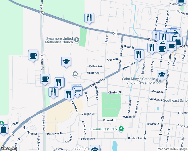 map of restaurants, bars, coffee shops, grocery stores, and more near 830 Albert Avenue in Sycamore