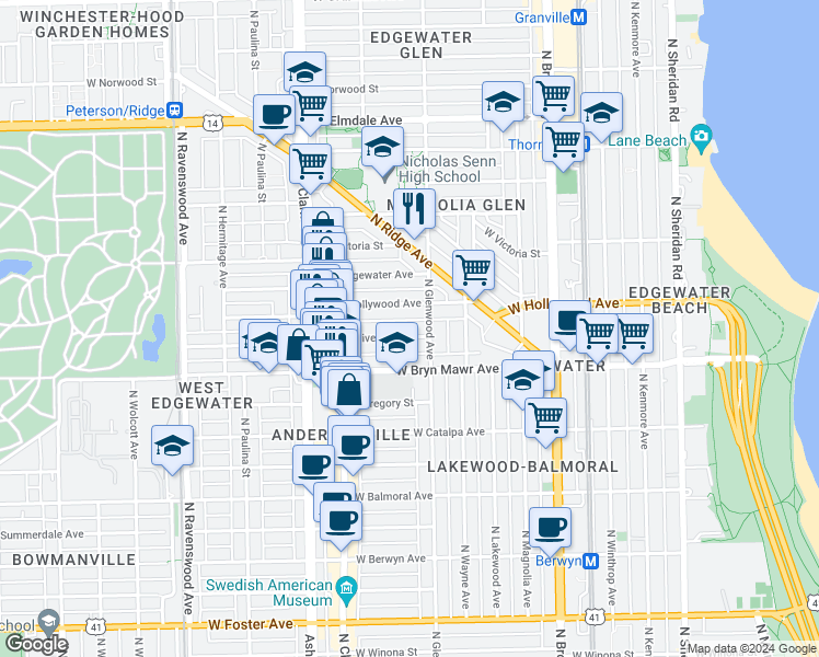 map of restaurants, bars, coffee shops, grocery stores, and more near 1418 West Olive Avenue in Chicago