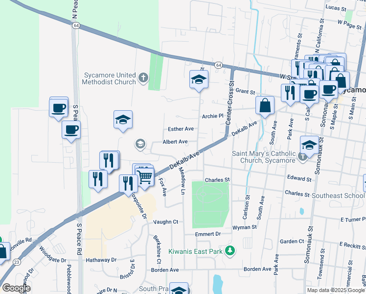 map of restaurants, bars, coffee shops, grocery stores, and more near 830 Albert Avenue in Sycamore