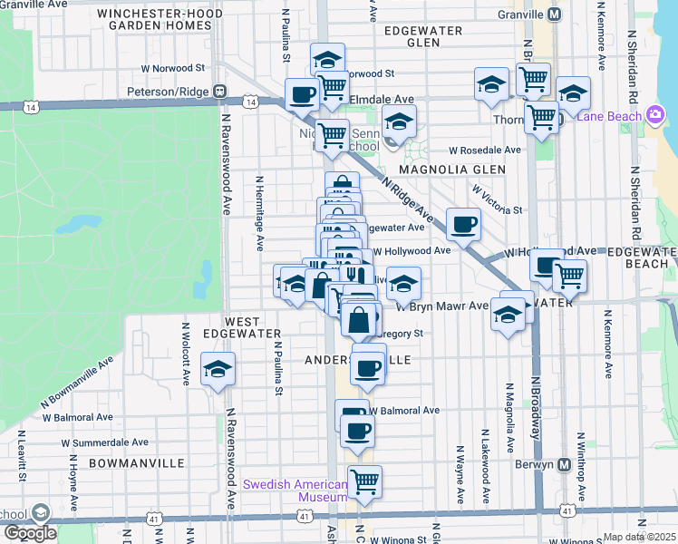 map of restaurants, bars, coffee shops, grocery stores, and more near 5659 North Clark Street in Chicago