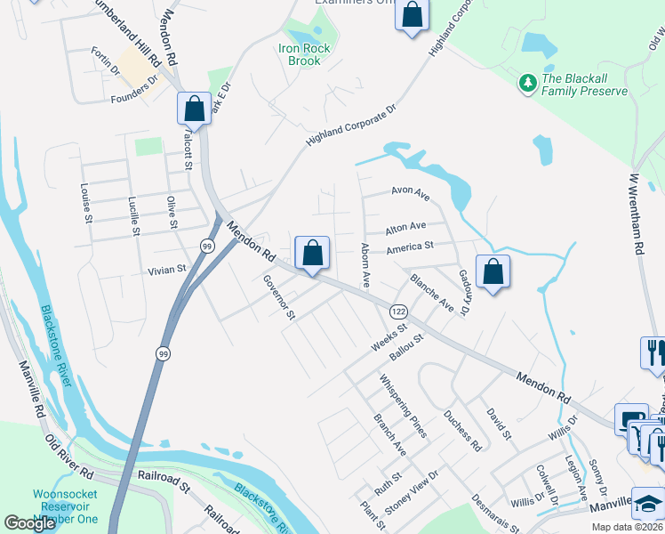 map of restaurants, bars, coffee shops, grocery stores, and more near 21 Biltmore Avenue in Cumberland
