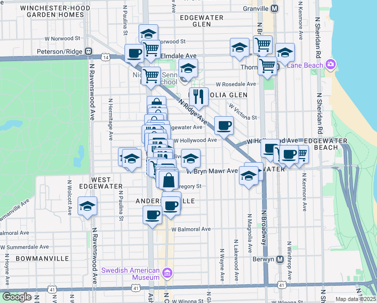 map of restaurants, bars, coffee shops, grocery stores, and more near 1436 West Olive Avenue in Chicago