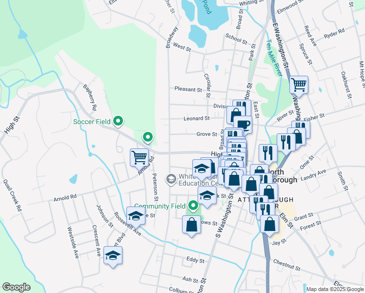 map of restaurants, bars, coffee shops, grocery stores, and more near 99 High Street in North Attleborough