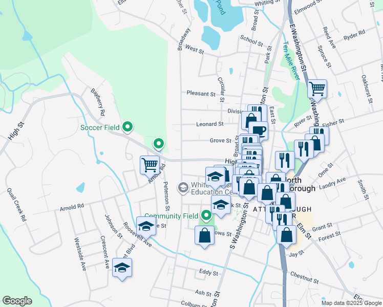 map of restaurants, bars, coffee shops, grocery stores, and more near 99 High Street in North Attleborough