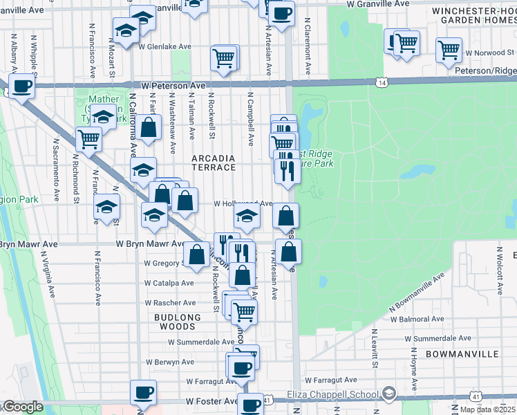 map of restaurants, bars, coffee shops, grocery stores, and more near 2454 West Hollywood Avenue in Chicago