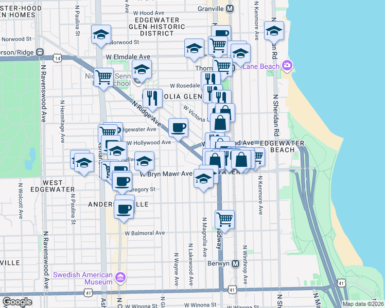map of restaurants, bars, coffee shops, grocery stores, and more near 5662 North Ridge Avenue in Chicago