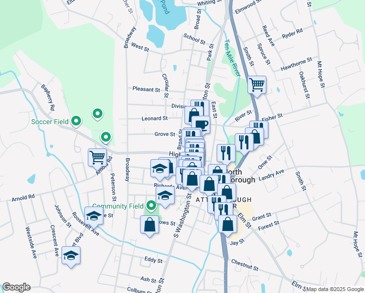 map of restaurants, bars, coffee shops, grocery stores, and more near 20 Broad Street in North Attleborough