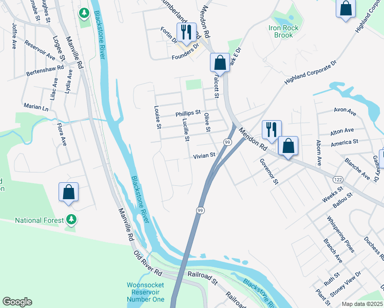 map of restaurants, bars, coffee shops, grocery stores, and more near 170 Seamans Street in Woonsocket