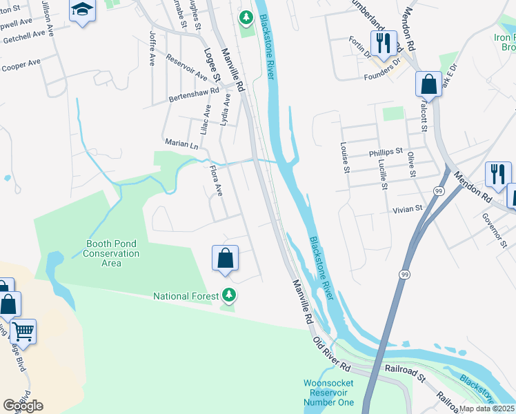 map of restaurants, bars, coffee shops, grocery stores, and more near 1423 Manville Road in Woonsocket