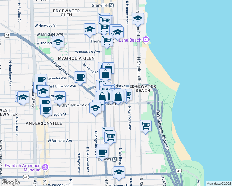 map of restaurants, bars, coffee shops, grocery stores, and more near 5648 North Winthrop Avenue in Chicago