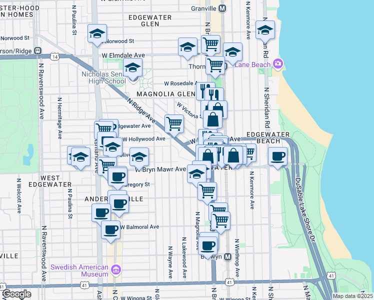 map of restaurants, bars, coffee shops, grocery stores, and more near 5648 North Magnolia Avenue in Chicago
