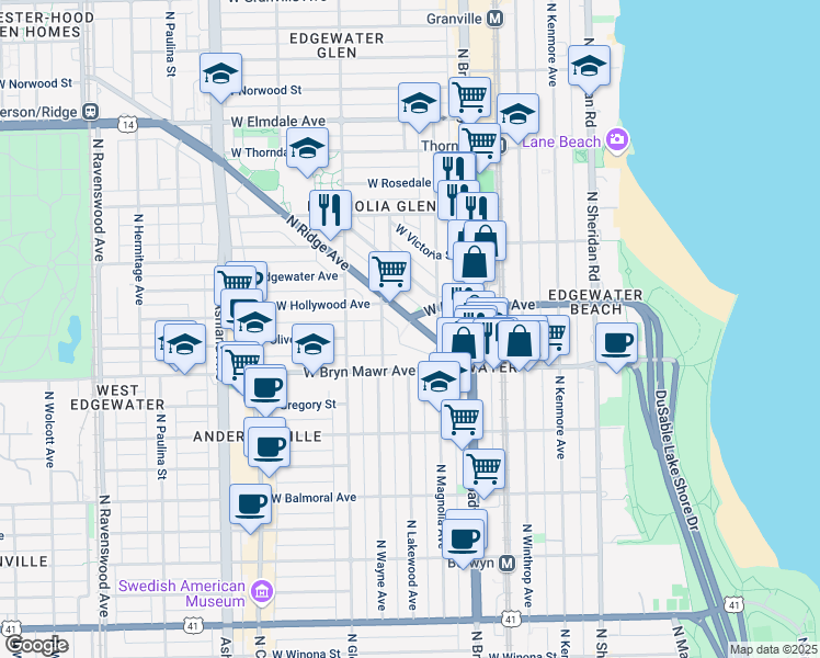map of restaurants, bars, coffee shops, grocery stores, and more near 5680 North Ridge Avenue in Chicago