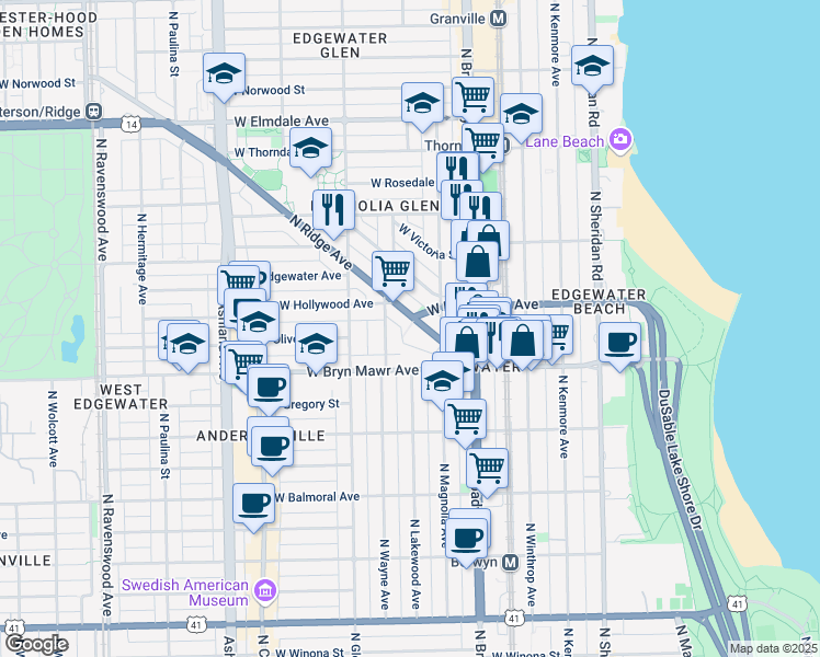 map of restaurants, bars, coffee shops, grocery stores, and more near 5680 North Ridge Avenue in Chicago
