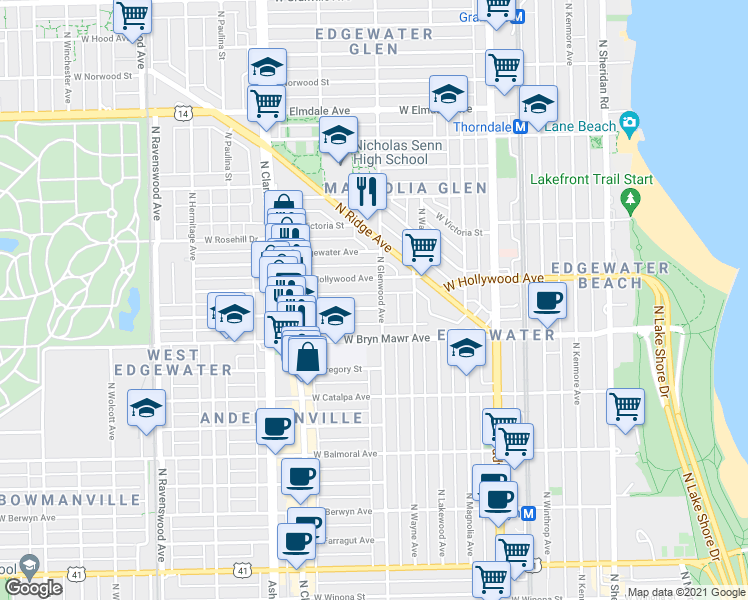 map of restaurants, bars, coffee shops, grocery stores, and more near 1422 West Olive Avenue in Chicago
