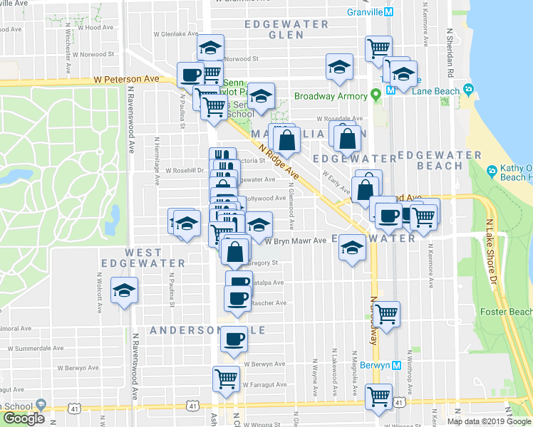 map of restaurants, bars, coffee shops, grocery stores, and more near 1422 West Olive Avenue in Chicago