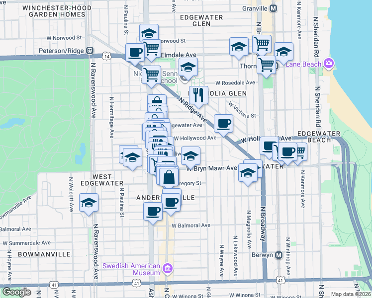 map of restaurants, bars, coffee shops, grocery stores, and more near 1422 West Olive Avenue in Chicago