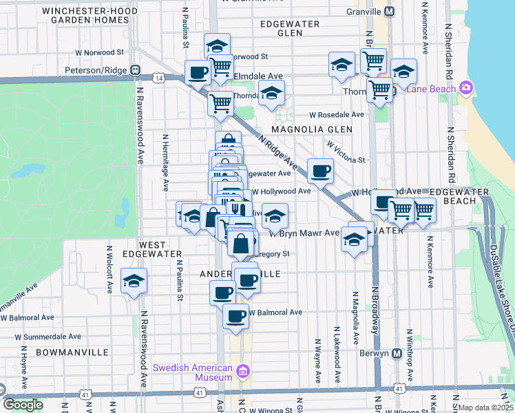 map of restaurants, bars, coffee shops, grocery stores, and more near 1465 West Hollywood Avenue in Chicago