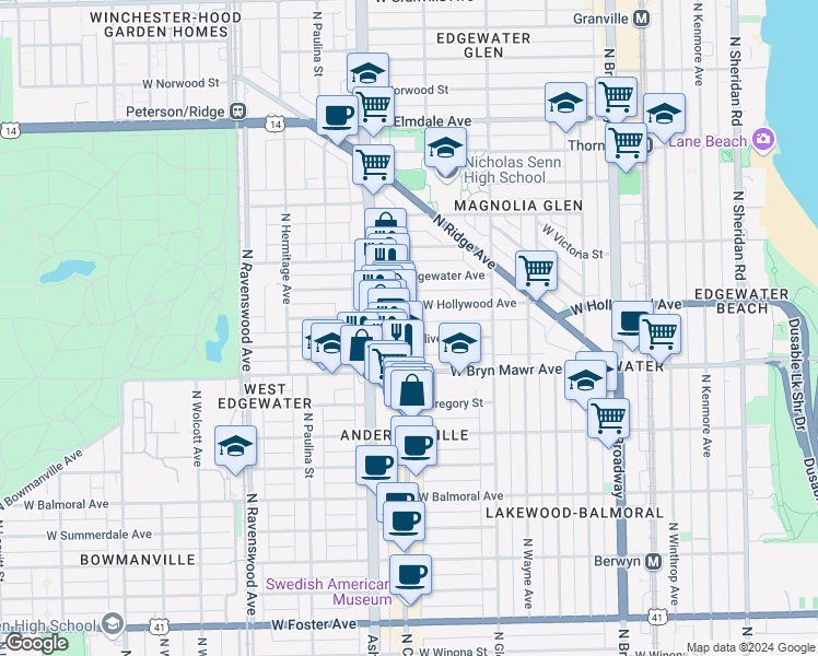 map of restaurants, bars, coffee shops, grocery stores, and more near 5659 North Clark Street in Chicago