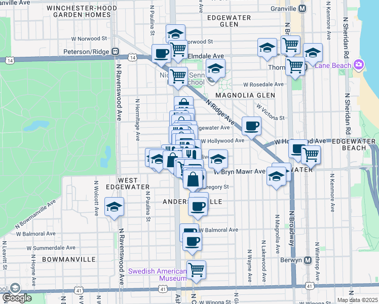 map of restaurants, bars, coffee shops, grocery stores, and more near 5659 North Clark Street in Chicago
