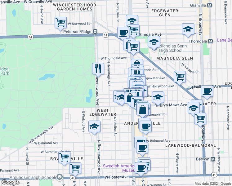map of restaurants, bars, coffee shops, grocery stores, and more near 1655 West Hollywood Avenue in Chicago