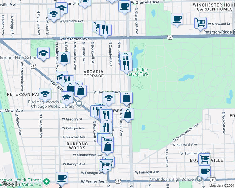 map of restaurants, bars, coffee shops, grocery stores, and more near 2454 West Hollywood Avenue in Chicago