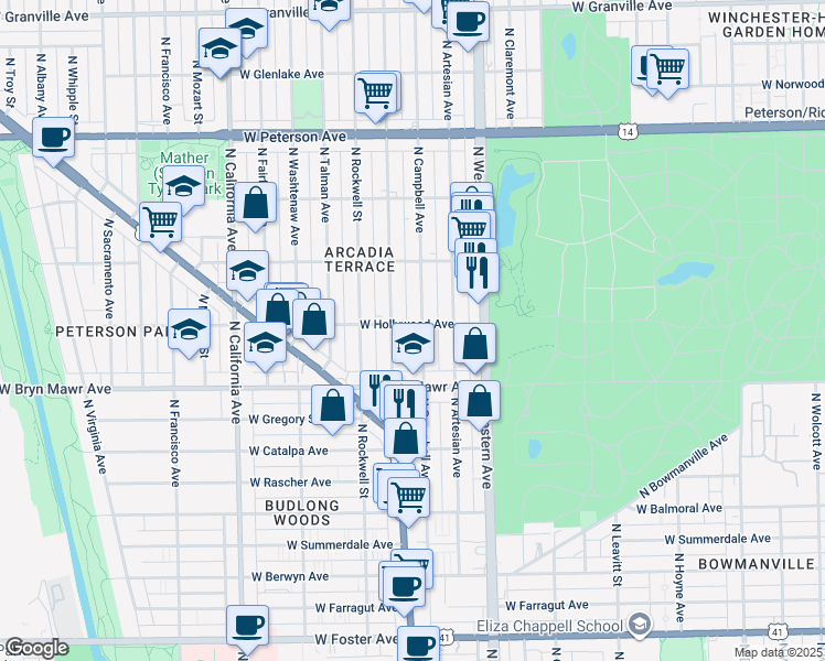 map of restaurants, bars, coffee shops, grocery stores, and more near 5705 North Maplewood Avenue in Chicago