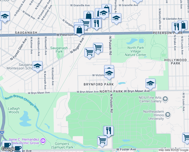 map of restaurants, bars, coffee shops, grocery stores, and more near 4140 West Victoria Street in Chicago