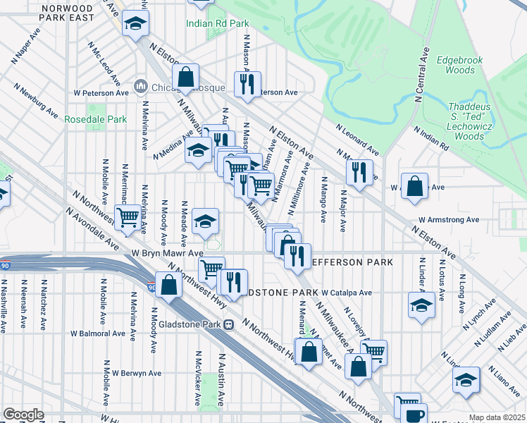 map of restaurants, bars, coffee shops, grocery stores, and more near 5720 North Marmora Avenue in Chicago
