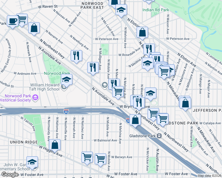 map of restaurants, bars, coffee shops, grocery stores, and more near 5706 North Merrimac Avenue in Chicago