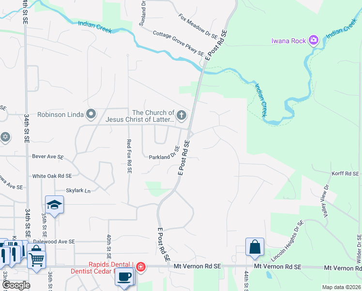 map of restaurants, bars, coffee shops, grocery stores, and more near 301-399 Parkland Drive Southeast in Cedar Rapids