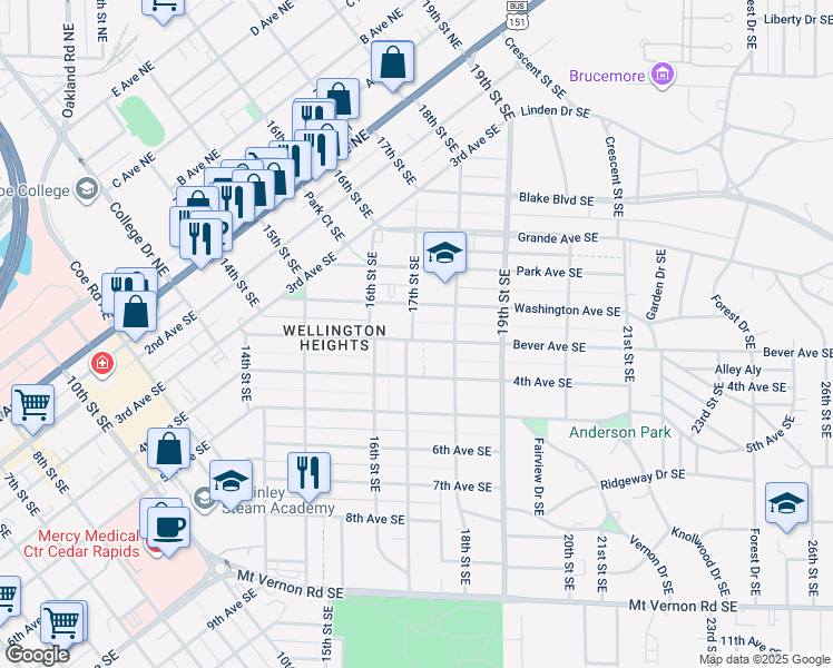 map of restaurants, bars, coffee shops, grocery stores, and more near 1722 Bever Avenue Southeast in Cedar Rapids