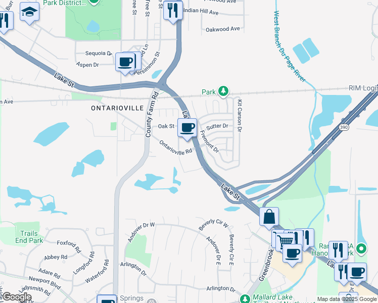map of restaurants, bars, coffee shops, grocery stores, and more near 201 Ontarioville Road in Hanover Park