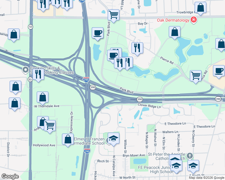map of restaurants, bars, coffee shops, grocery stores, and more near Illinois Route 390 in Itasca