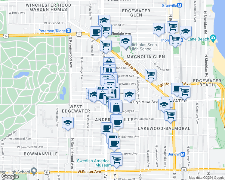 map of restaurants, bars, coffee shops, grocery stores, and more near 5659 North Clark Street in Chicago