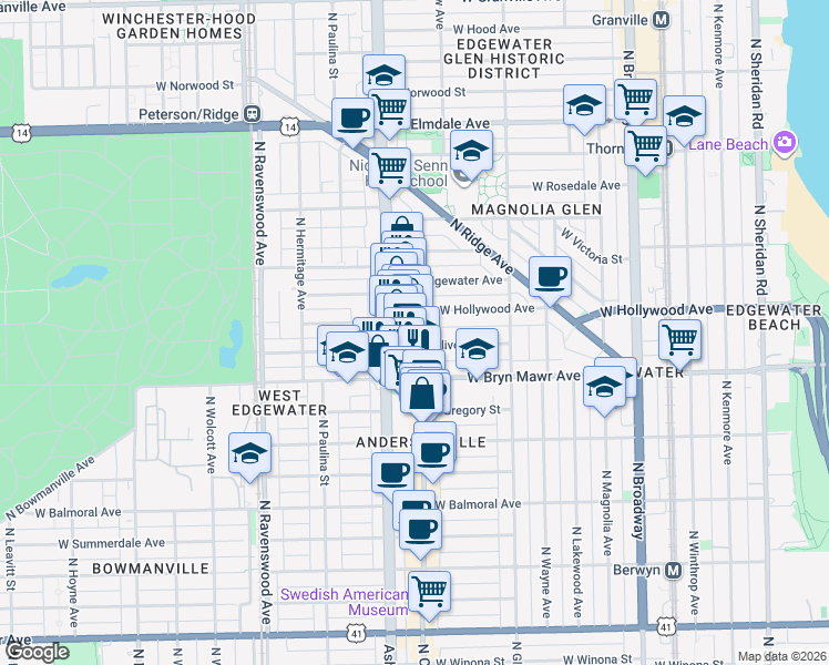 map of restaurants, bars, coffee shops, grocery stores, and more near 5659 North Clark Street in Chicago