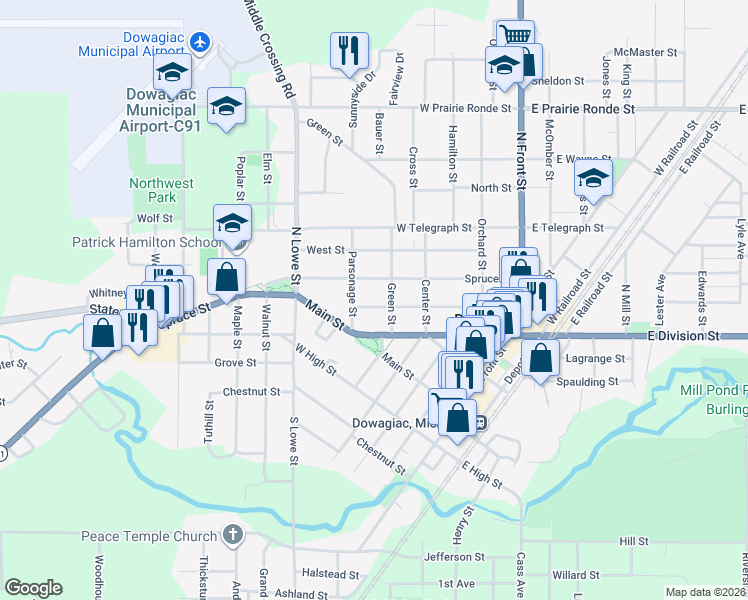 map of restaurants, bars, coffee shops, grocery stores, and more near 404 Courtland Street in Dowagiac