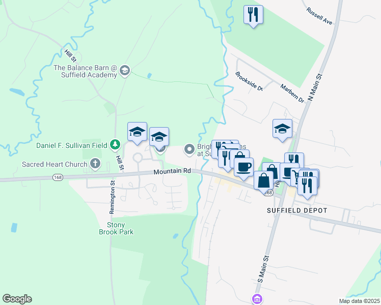 map of restaurants, bars, coffee shops, grocery stores, and more near 230C Mountain Road in Suffield