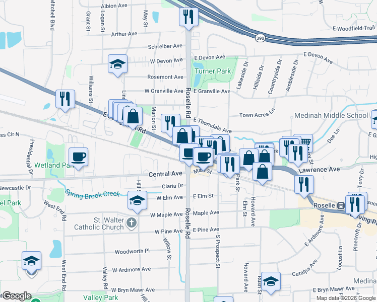 map of restaurants, bars, coffee shops, grocery stores, and more near in Roselle