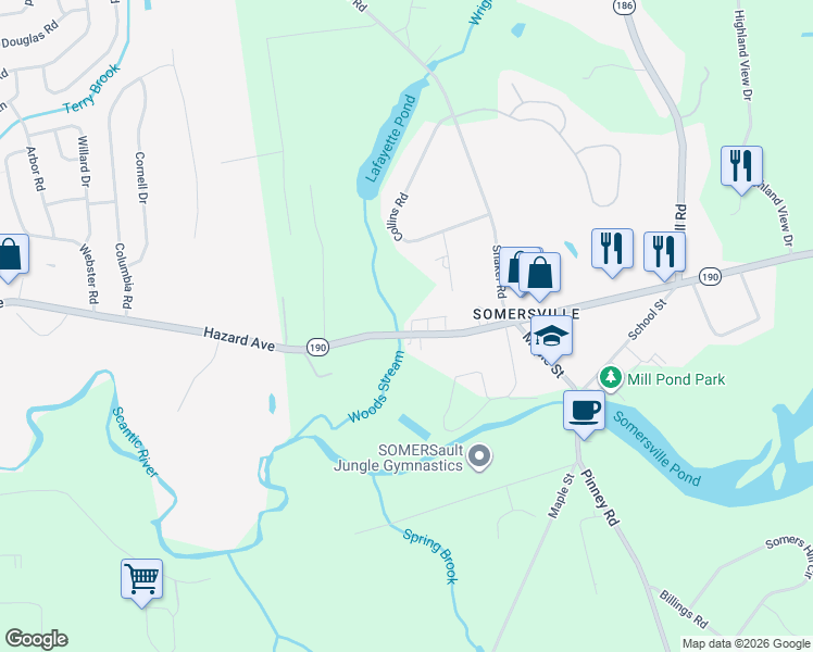 map of restaurants, bars, coffee shops, grocery stores, and more near 53 Main Street in Somers