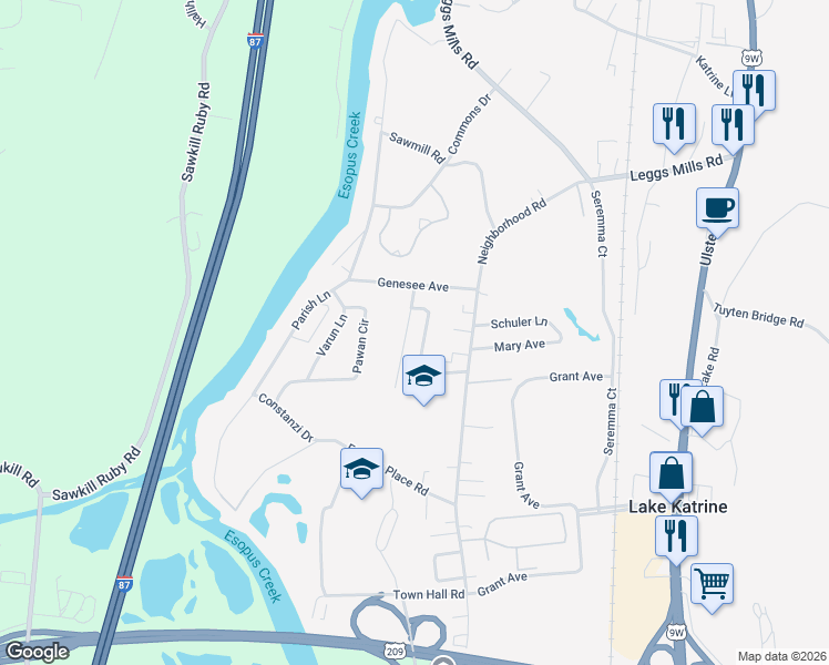 map of restaurants, bars, coffee shops, grocery stores, and more near 47 Vans Terrace in Lake Katrine