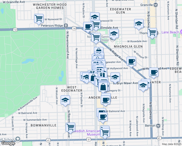 map of restaurants, bars, coffee shops, grocery stores, and more near 1615 West Hollywood Avenue in Chicago
