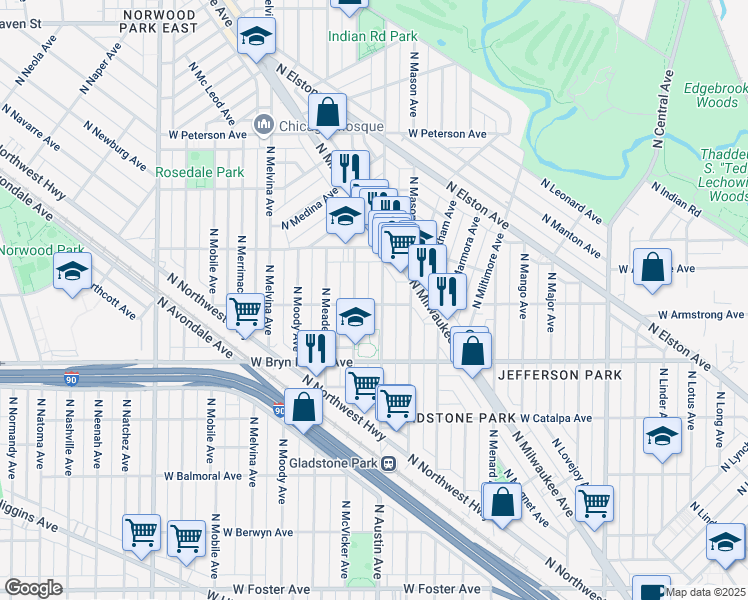 map of restaurants, bars, coffee shops, grocery stores, and more near 6008 West Seminole Street in Chicago