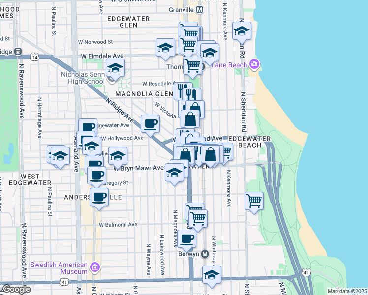 map of restaurants, bars, coffee shops, grocery stores, and more near 5641 North Broadway in Chicago