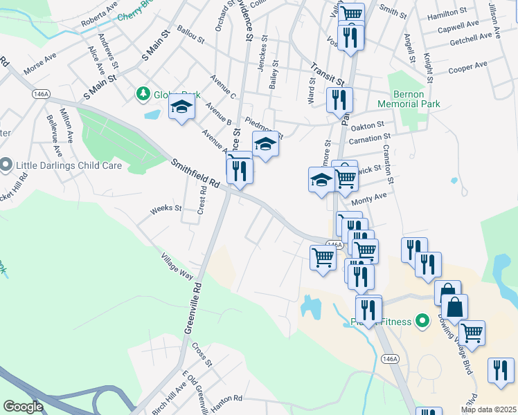 map of restaurants, bars, coffee shops, grocery stores, and more near 535 Rhode Island 104 in North Smithfield