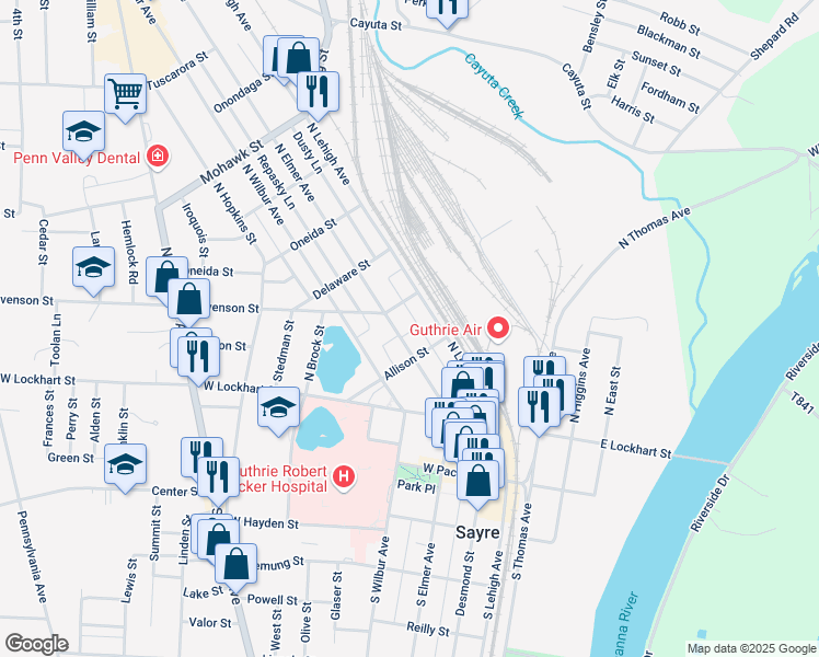 map of restaurants, bars, coffee shops, grocery stores, and more near 210 North Elmer Avenue in Sayre